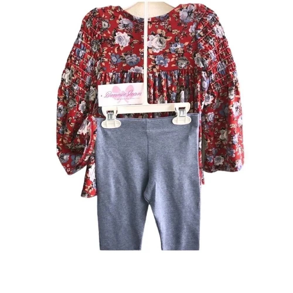 KIDS Girls BNWT Bonnie Jean Size: 2/2T Red Blue Flowered Top with Blue L…